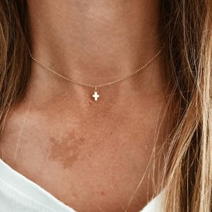 Tiny Cross Necklace in 14/20 Gold-fill, 14/20 Rose Gold-fill or .925 Sterling Silver 14, 15, 16, 17, 18, 19 or 20 Chain image 1