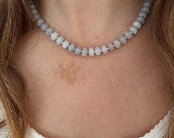 Aquamarine Gemstone Beaded Necklace with 14k Gold Fill or .925 Sterling Silver Beads