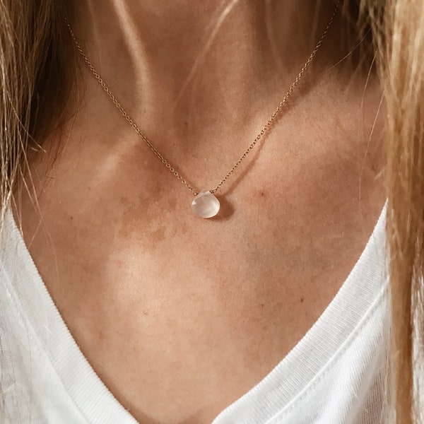 White Moonstone Briolette Cut Gemstone on a 14/20 Gold Filled, Sterling Silver, or 14/20 Rose Gold Filled Chain
