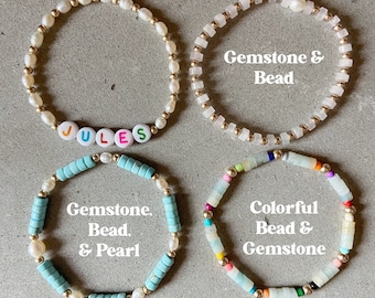 Custom Word or Name Gemstone Bead Bracelet 14k Gold Fill or Silver, Tigers Eye, Turquoise, Amazonite, Lemon Jade, Pink Quartz, Jade, Pearl