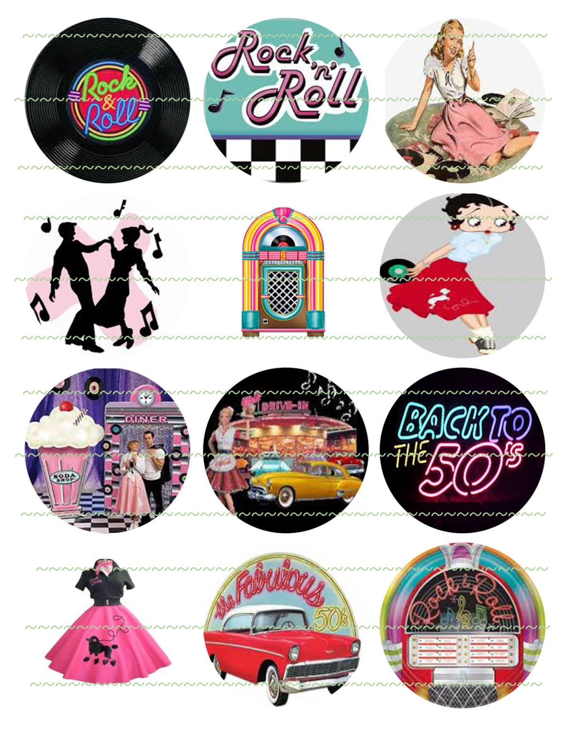 50s Banner Circles Cupcake Toppers Printable Images Rock N | Etsy
