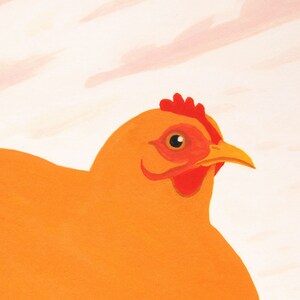 May include: A close-up of a light orange chicken with a red comb and wattle. The chicken's head is turned to the right, and its eye is visible. The background is a light pink.