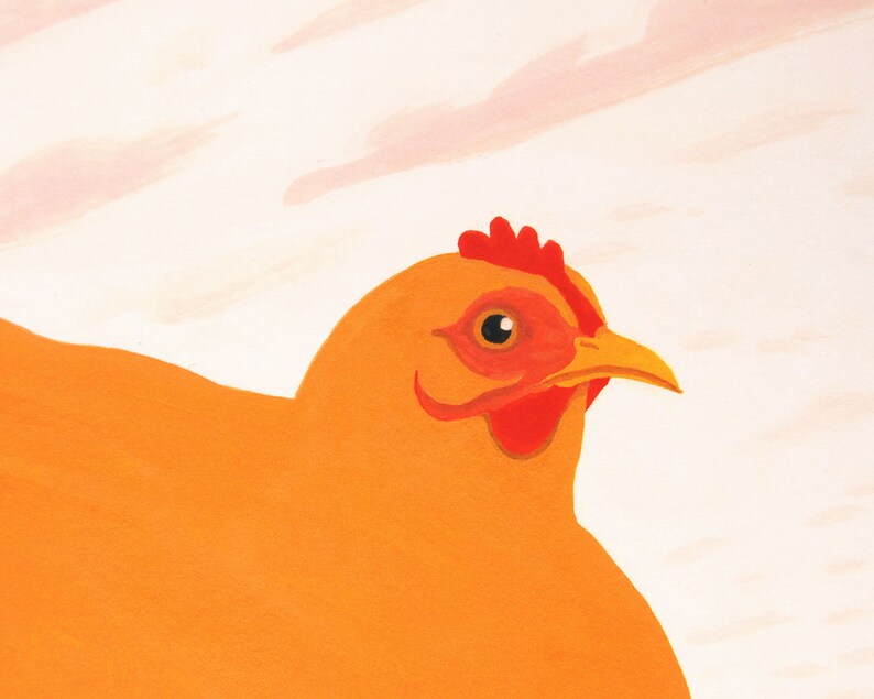 May include: A close-up of a light orange chicken with a red comb and wattle. The chicken's head is turned to the right, and its eye is visible. The background is a light pink.