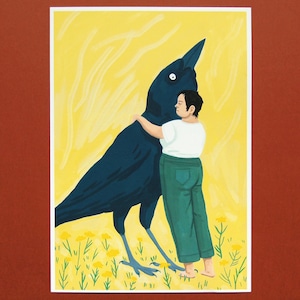 May include: A black crow with a long beak is hugging a person wearing a white shirt and green trousers. The crow and person are standing in a field of yellow flowers.
