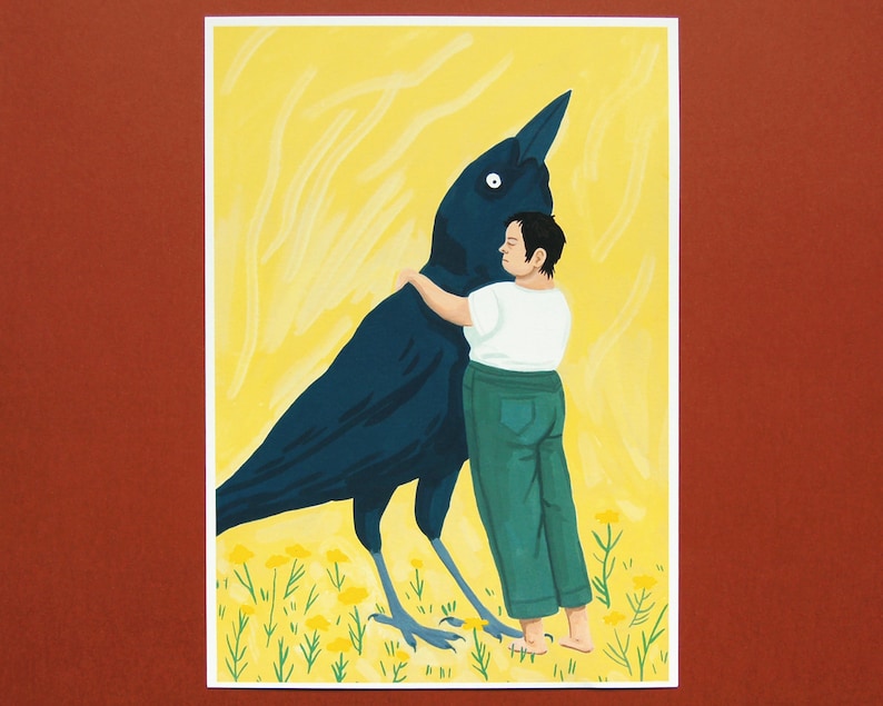 May include: A black crow with a long beak is hugging a person wearing a white shirt and green trousers. The crow and person are standing in a field of yellow flowers.