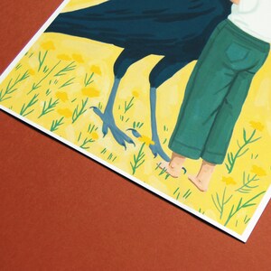 May include: A painting of a person standing next to a large black bird with yellow flowers in the background.