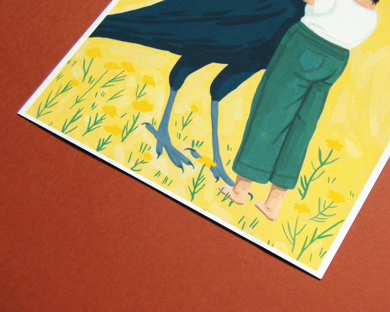 May include: A painting of a person standing next to a large black bird with yellow flowers in the background.