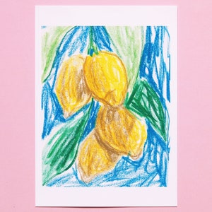 May include: A drawing of lemons on a branch with green leaves against a blue background. The lemons are yellow and have a rough texture.