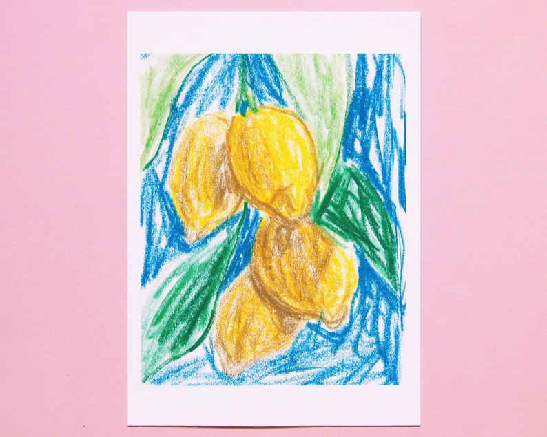 May include: A drawing of lemons on a branch with green leaves against a blue background. The lemons are yellow and have a rough texture.