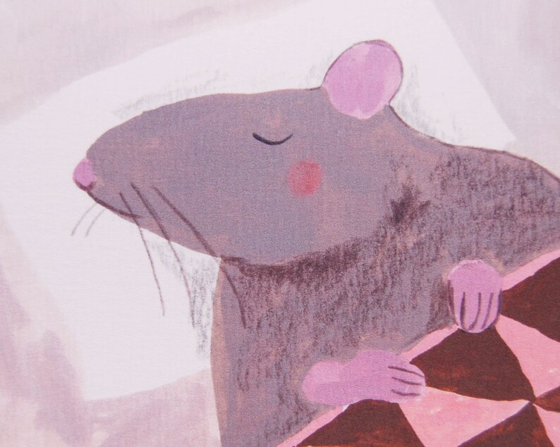 Pu&ograve; includere: Un topo grigio con orecchie e zampe rosa dorme su una coperta a quadri rosa e marrone.