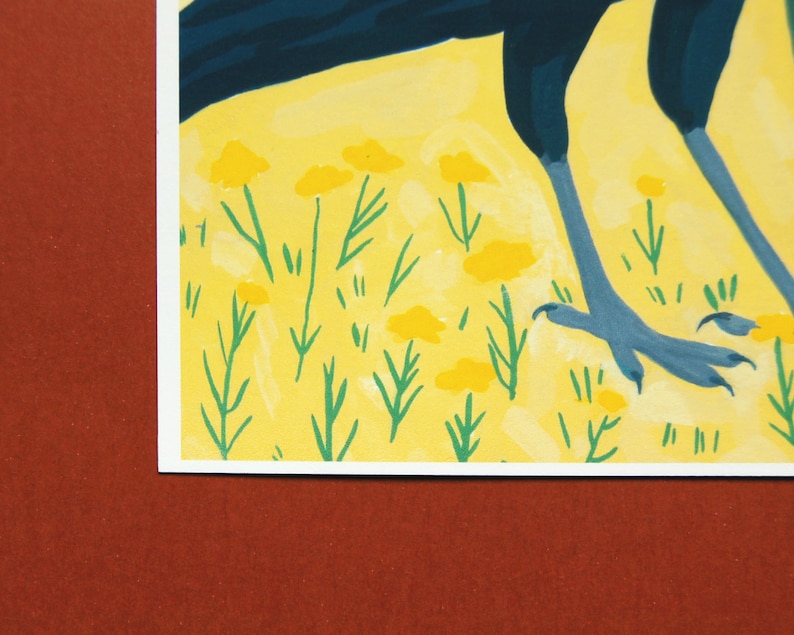 May include: A blue bird with yellow feet stands on a yellow background with green grass and yellow flowers.
