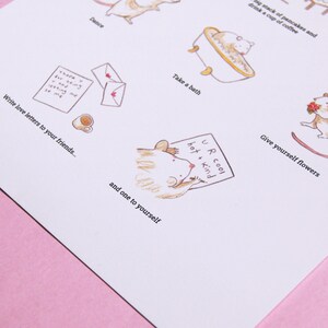 May include: A printable illustration with a list of self-care activities featuring cartoon mice. The list includes activities like taking a bath, writing love letters, and giving yourself flowers. The text "UR Cool hot + kind" is featured on a sign held by one of the mice.