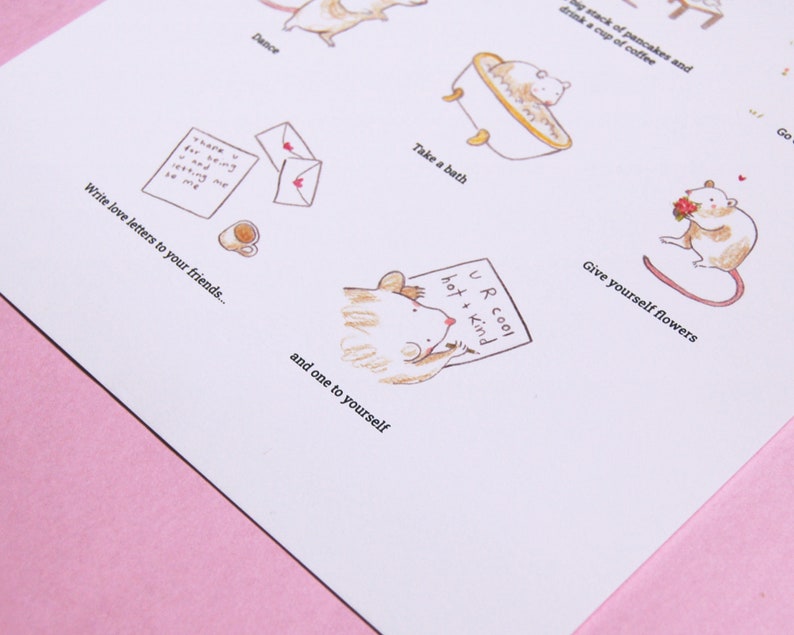 May include: A printable illustration with a list of self-care activities featuring cartoon mice. The list includes activities like taking a bath, writing love letters, and giving yourself flowers. The text "UR Cool hot + kind" is featured on a sign held by one of the mice.