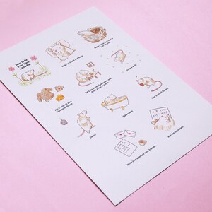 May include: A printable guide with illustrations of a mouse doing various activities, such as waking up, eating pancakes, taking a bath, and writing letters. The title of the guide is "How to Be Your Own Little Rat".