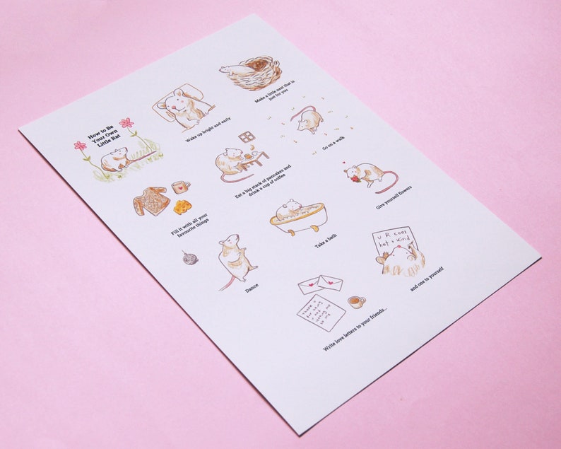 May include: A printable guide with illustrations of a mouse doing various activities, such as waking up, eating pancakes, taking a bath, and writing letters. The title of the guide is "How to Be Your Own Little Rat".