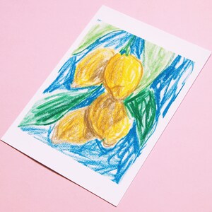 May include: A hand-drawn illustration of lemons on a branch. The lemons are yellow and the branch is green. The background is blue and green.