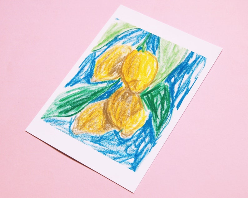 May include: A hand-drawn illustration of lemons on a branch. The lemons are yellow and the branch is green. The background is blue and green.