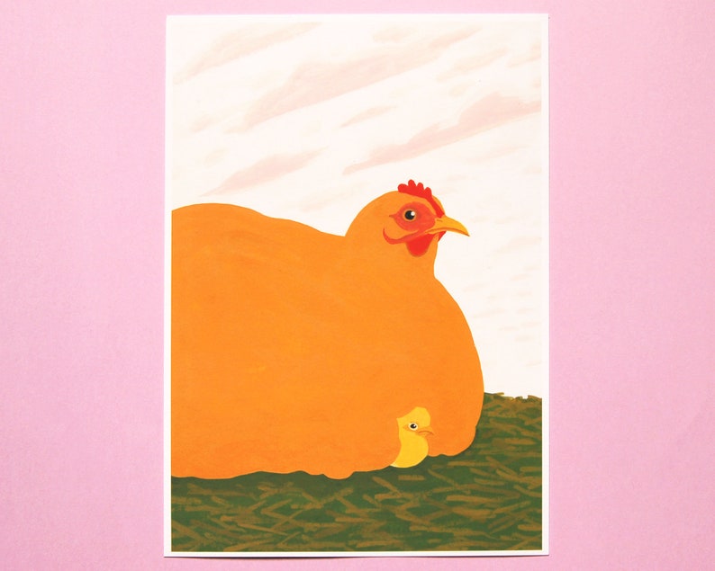 May include: A large orange chicken with a red comb and beak is sitting on a bed of green grass. A smaller yellow chick is nestled under the chicken's wing.