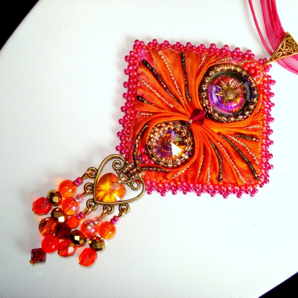 Bead embroideryjewelry, handmade jewelry, bead embroidery pendant,shibori beadwork,  100 % handmade