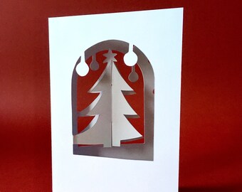 White christmas tree and baubles A6 Christmas pop-up card