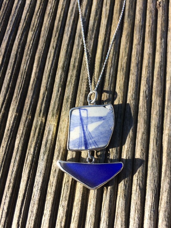 Handmade Cobalt Blue Sea Glass Necklace Pendant Sterling Chain