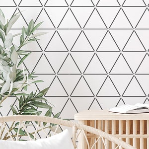 Puede incluir: Una pared blanca con un patrón de triángulos negros. Un mueble de madera clara, una silla de mimbre con un cojín blanco y una planta con hojas verdes están en primer plano. Un libro abierto descansa sobre el mueble.