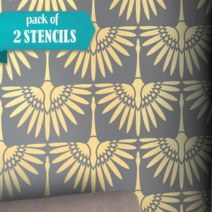 Stencil da parete Art Déco, confezione da 2 da 22,5" x 16,7", stencil da parete Boho con gru per dipingere motivi di grandi dimensioni, stencil con uccelli, stencil
