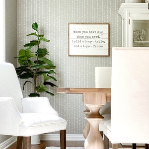 May include: A white dining room with a wooden table and white chairs. The wall is covered in a gray wallpaper with a white pattern. A framed sign with the text "when you have more than you need, build a longer table, not a higher fence." hangs on the wall.