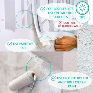 May include: Image showing tips for painting. Text includes "Use painter's tape", "For best results use on smooth surfaces", "Don't use on textured walls", and "Use flocked roller and thin layer of paint".
