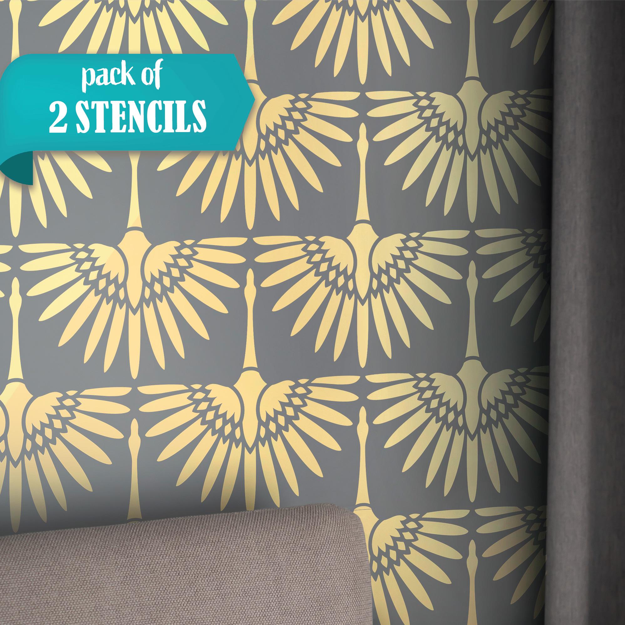 Art Deco Wall Stencil 2-Pack of 22.5" x 16.7" Stencils, Boho Cranes Wall Stencils for Painting Large Pattern, Birds Stencils, Stencilit