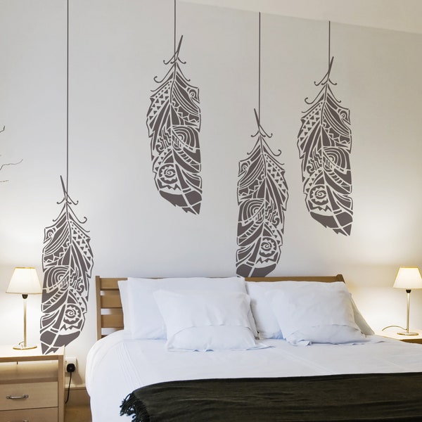 Forest Feather stencil -  Scandinavian feather wall decal and wall stencil, Scandinavian stencil for DIY projects - Tribal pattern