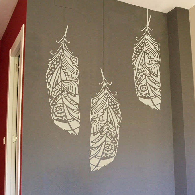 Forest Feather stencil Scandinavian feather wall decal and wall stencil, Scandinavian stencil for DIY projects Tribal pattern image 3