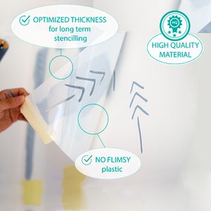 May include: A clear stencil sheet with arrow designs is being applied to a white wall. The image includes text that reads "OPTIMIZED THICKNESS for long term stencilling", "HIGH QUALITY MATERIAL", and "NO FLIMSY plastic".
