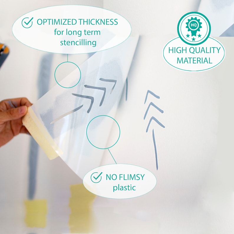 May include: A clear stencil sheet with arrow designs is being applied to a white wall. The image includes text that reads "OPTIMIZED THICKNESS for long term stencilling", "HIGH QUALITY MATERIAL", and "NO FLIMSY plastic".