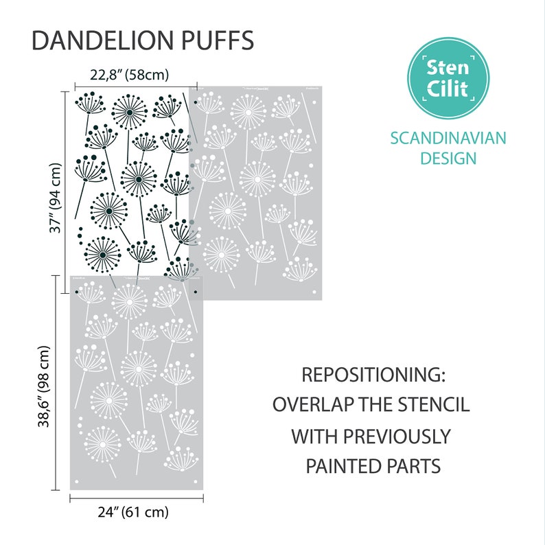 K&ouml;nnte beinhalten: Graue Schablone mit Pusteblumen-Design. Die Schablone ist 94 cm hoch und 58 cm breit. Das Design enth&auml;lt den Text "DANDELION PUFFS" und "SCANDINAVIAN DESIGN".