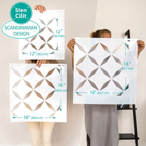 May include: Three white stencils with a geometric diamond pattern, labeled as Scandinavian Design. The stencils are 12 inches (30.5 cm), 16 inches (40.6 cm), and 18 inches (45.7 cm) square, respectively. The brand name is Sten Cilit.