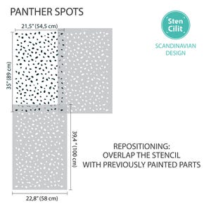 May include: A stencil for painting a panther spot pattern. The stencil is 21.5 inches by 35 inches and 22.8 inches by 39.4 inches. The stencil is made of a clear material and has a white background with black spots. The stencil is designed to be used with paint to create a panther spot pattern on walls, furniture, or other surfaces. The stencil is reusable and can be used multiple times. The stencil is easy to use and can be applied to any surface. The stencil is perfect for creating a unique and stylish look in your home.