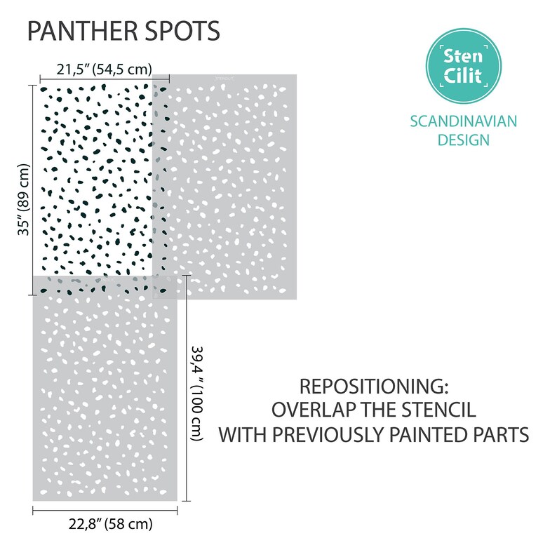 May include: A stencil for painting a panther spot pattern. The stencil is 21.5 inches by 35 inches and 22.8 inches by 39.4 inches. The stencil is made of a clear material and has a white background with black spots. The stencil is designed to be used with paint to create a panther spot pattern on walls, furniture, or other surfaces. The stencil is reusable and can be used multiple times. The stencil is easy to use and can be applied to any surface. The stencil is perfect for creating a unique and stylish look in your home.