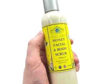 Exfoliante facial y corporal de miel de 200 ml. Exfoliante facial suave. Cuidado natural de la piel con aceite de coco. Hecho a mano. Rural GB. Campo Reino Unido.