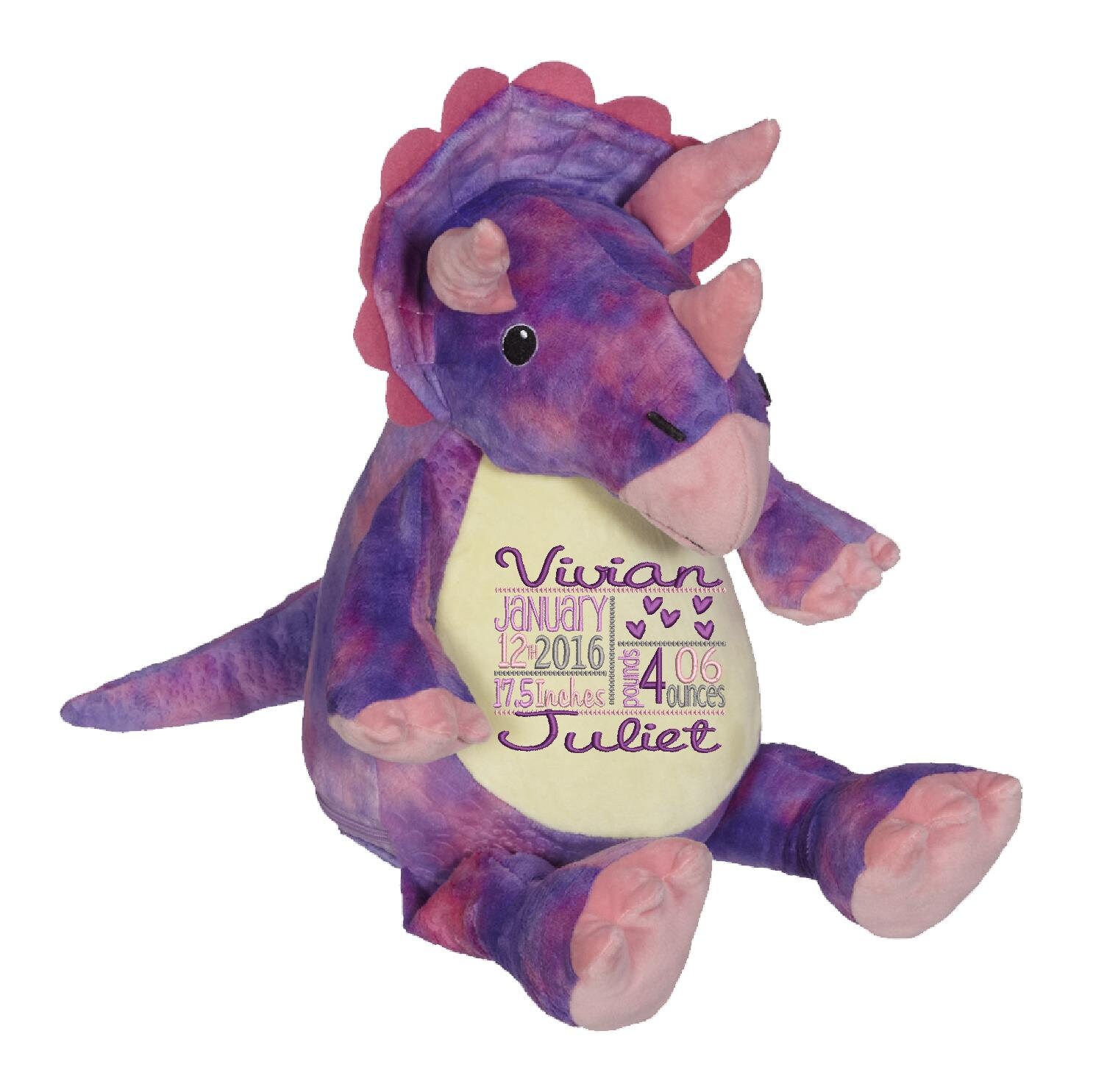 Purple TRICERATOPS dinosaur 16 stuffie with custom embroidery! Any occasion, embroidered