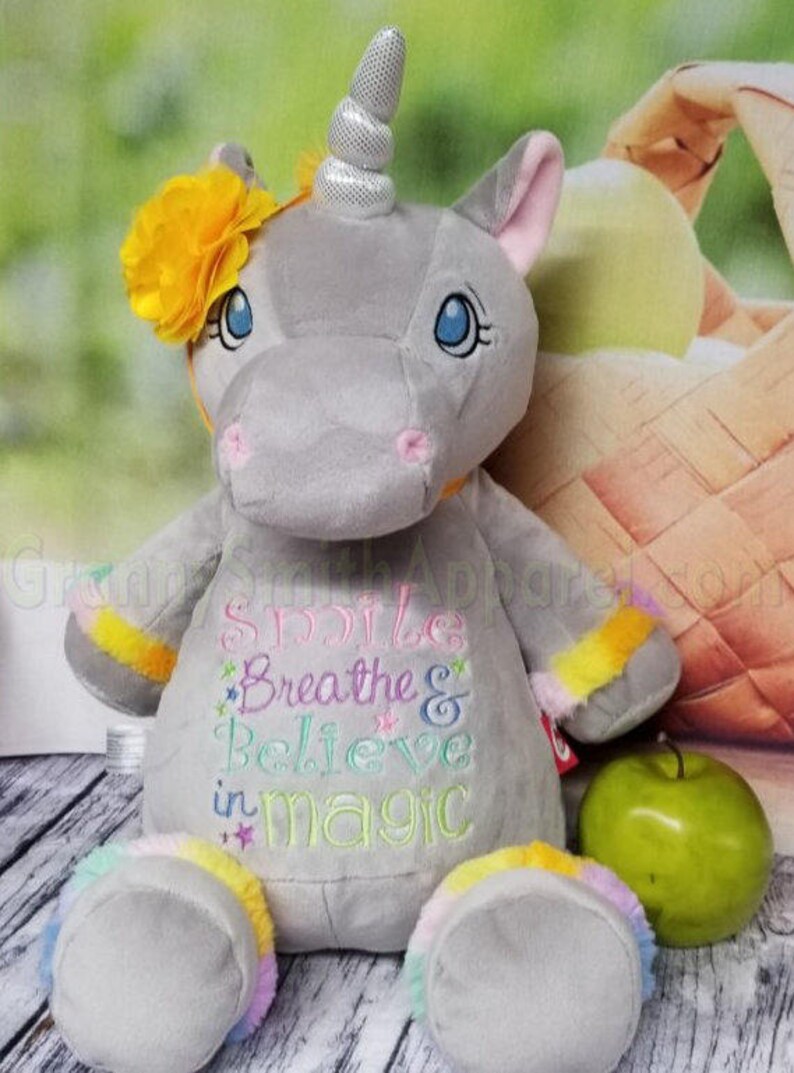 Birth announcement Memorial animal plush stuffie. UNICORN pastel GRAY with Custom embroidered 12 plush stuffie birthday gift