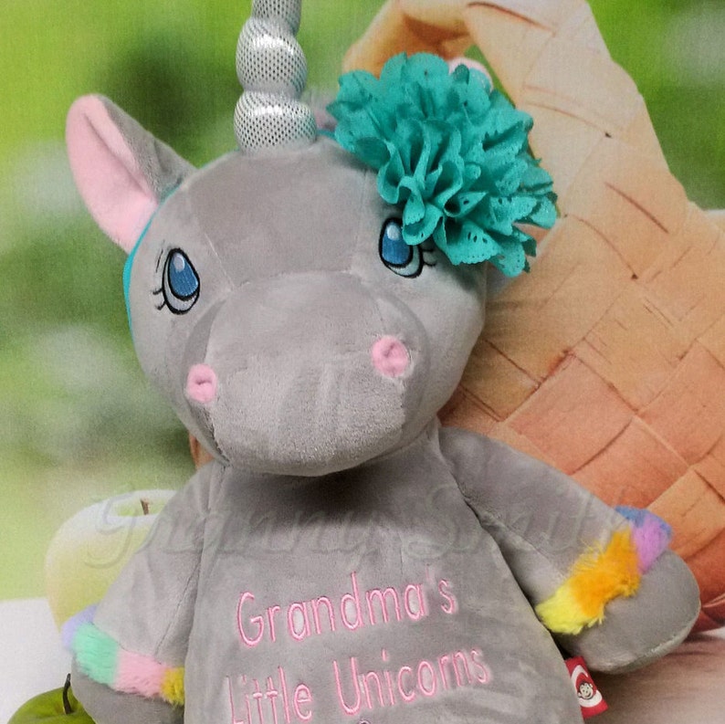 Birth announcement Memorial animal plush stuffie. UNICORN pastel GRAY with Custom embroidered 12 plush stuffie birthday gift