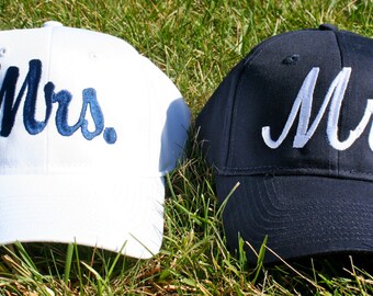 Mr and Mrs matching embroidered Set of 2 baseball caps / hats. Great for honeymoon or destination wedding. Very classy and preppy!