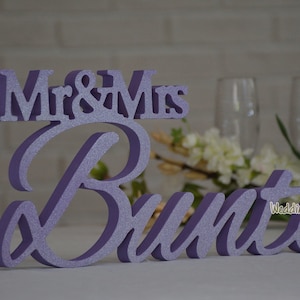 Custom Made Mr & Mrs Family Name Sign For Your Sweetheart Table. Available DIY, Painted, Glittered. Unique One Piece Wooden Sign.