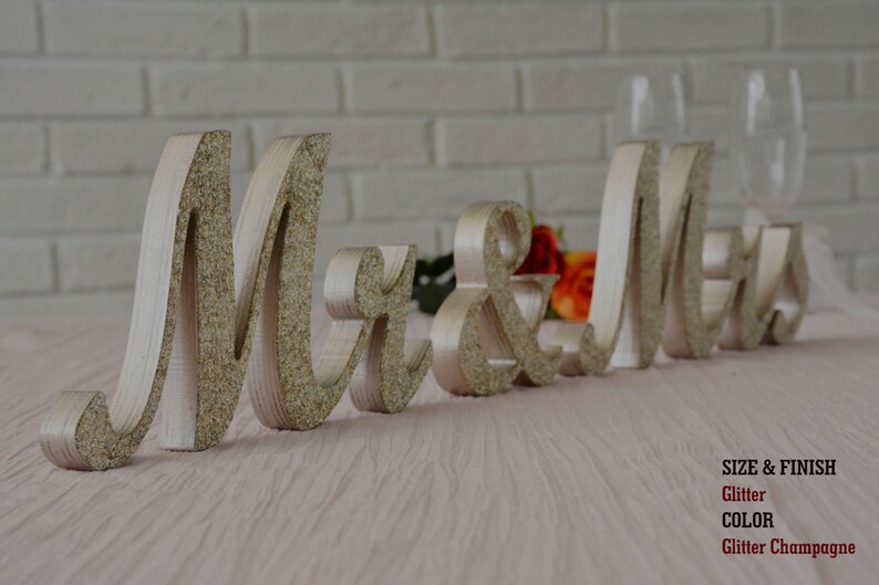 Champagne Glitter Mr and Mrs Wedding Signs, Mr & Mrs Wood Wedding Decoration, Glitter, Mr and Mrs Wedding Photo Prop, Glitter Mr and Mrs image 1
