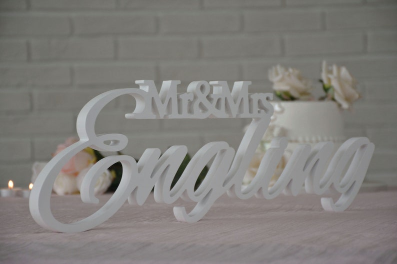 Custom Made Mr & Mrs Family Name Sign For Your Sweetheart Table. Available DIY, Painted, Glittered. Unique One Piece Wooden Sign. image 4