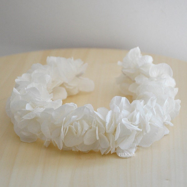 Diadema de Hortensia blanca para novia, Tocado flores preservadas novia, Regalo adorno pelo boda, Tiara flores blancas de novia