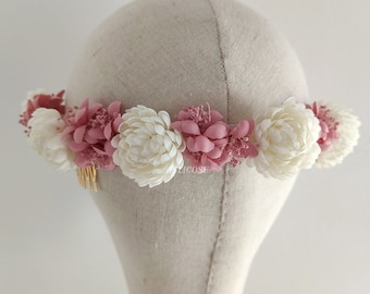 Media corona de flores rosas y blanco roto, Tiara de flores novia, Tocado reversible flores, Diadema flores novia