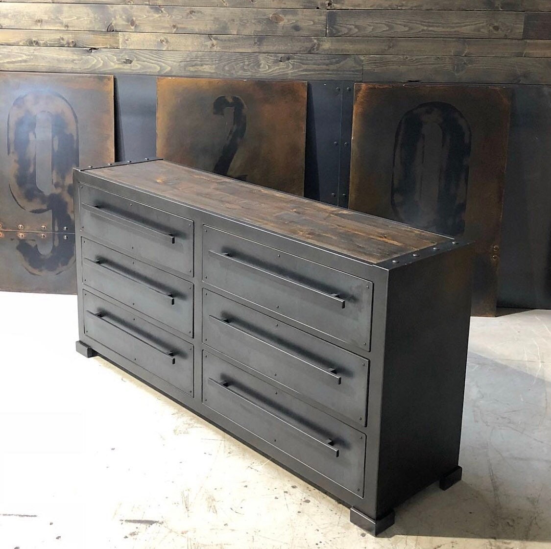 black industrial dresser Normandy Dresser: Industrial Wood Top, Steel Body, 6-drawer