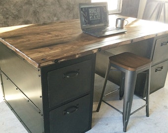 Bexley Industrial Desk: Solid Wood & Steel, Custom Drawers